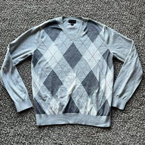Banana Republic Sweater Mens Large Gray Argyle V Neck 100% Cotton Business Top